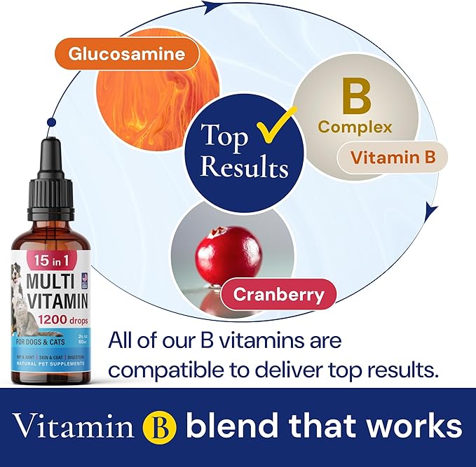 Advanced 15-in-1 Multivitamin for Dogs & Cats - Premium Liquid Supplement with Glucosamine, Vitamin B Complex and Cranberry for Joint, Digestive, Skin, Immune & UTI Support - 2.0 Fl Oz - Made in USA-Mewly Pet