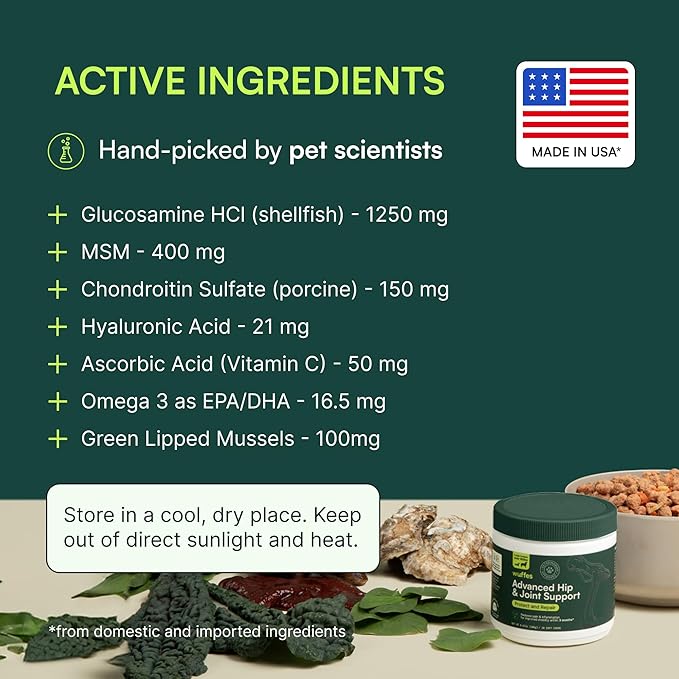 Wuffes Advanced Dog Hip and Joint Supplement with Glucosamine, Chondroitin, Omega 3, MSM, and Green Lipped Mussel, 30 Pork Flavored Chews for Large Dog Breeds-Mewly Pet
