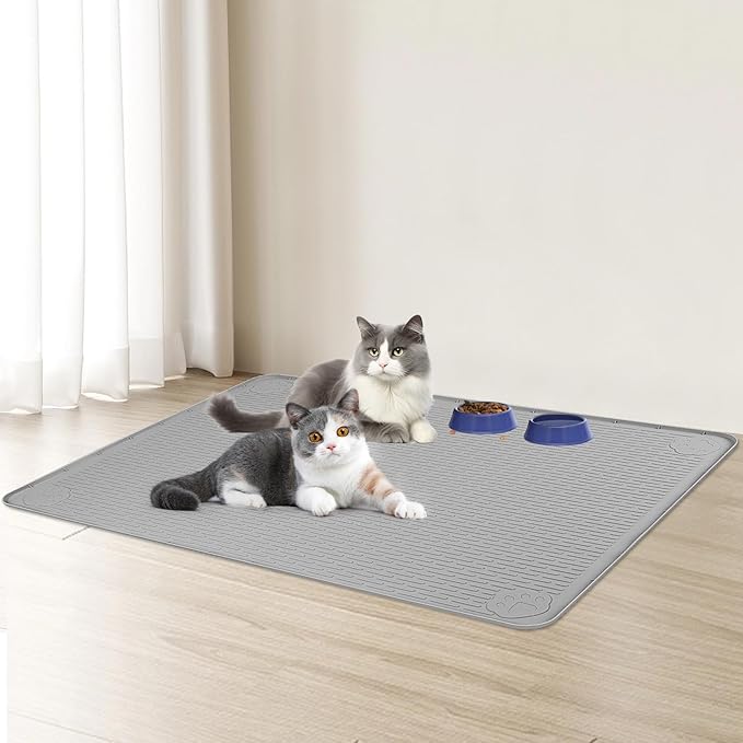 Cat Food Mat, 40" x 28" Extra Large Silicone Pet Feeding Mat with Raised Edge Pet Placemat for Food and Water Bowl Non-Slip, Easy to Clean, Floor Protection (Grey)-Mewly Pet