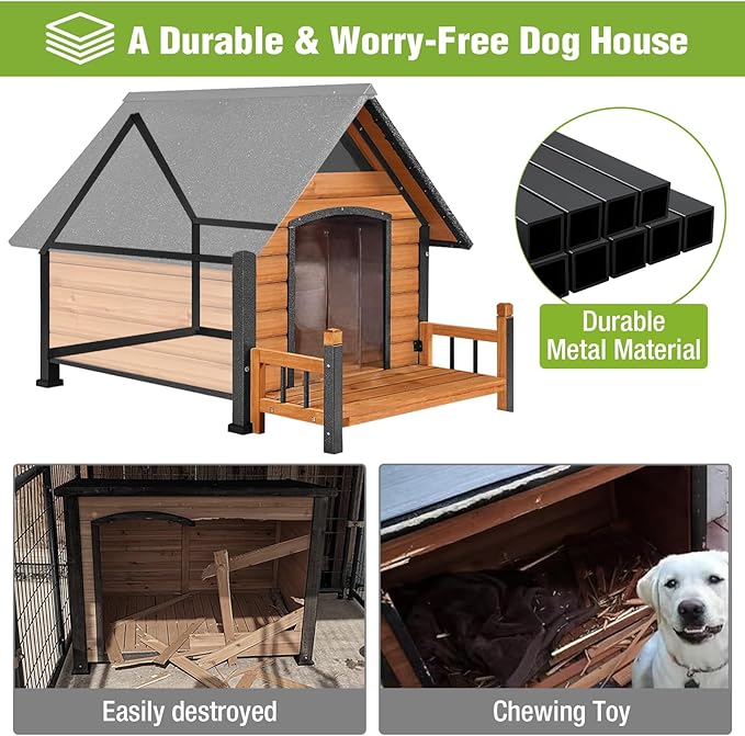 Dog House Outdoor Insulated, Sturdy & Warm Winter Puppy Shelter, 45" L Large Dog Kennel with Chew-Proof Iron Frame, Suitable for Small to Large Dogs(Brown)-Mewly Pet