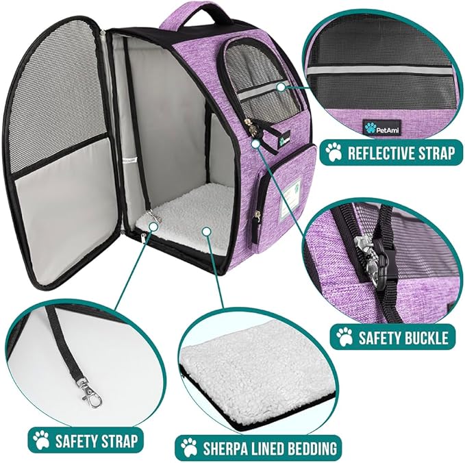 PetAmi Dog Backpack Carrier for Small Large Cat, Pet, Puppy, Ventilated Pet Hiking Backpack Travel Bag, Airline Approved Cat Backpack Carrier, Camping Biking Dog Bag Up to 18lbs Pet, Purple-Mewly Pet