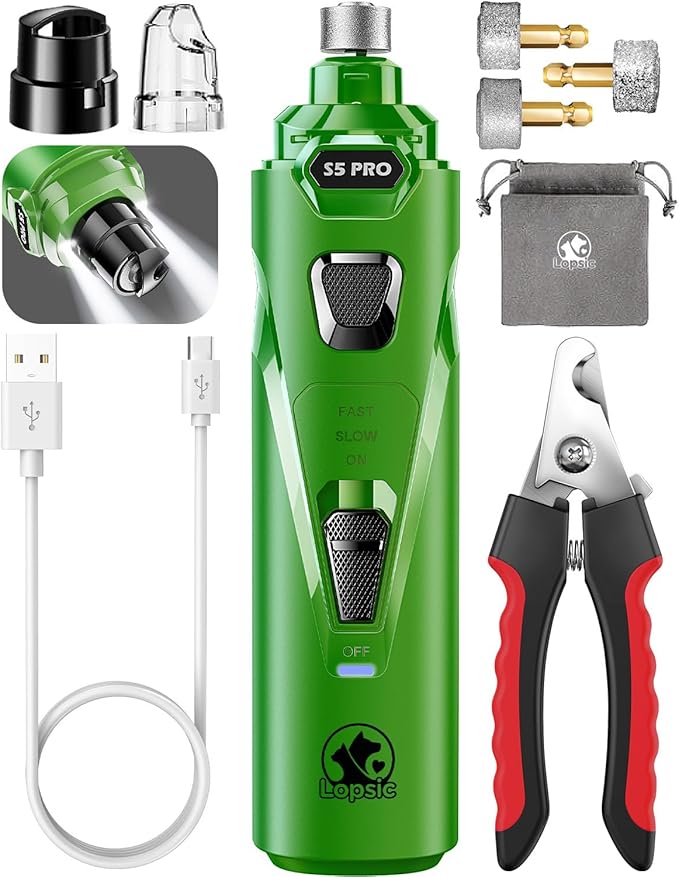 Dog Nail Grinder with 2 LED Lights Powerful 2 Speeds Super Quiet Dog Nail Trimmers with 3 Grinding Wheels Rechargeable Pet Dog Nail Clippers for Large Medium Puppy Dogs Dog Nail File Cat Nail Clipper-Mewly Pet