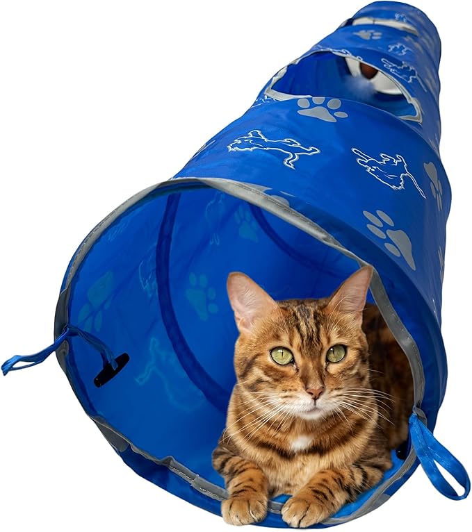 NFL Detroit Lions Cat Tunnel Tube Toy with Plush Football Catnip and Feathers Collapsible Tunnel for Cats to Play, Peek and Hide, Sporty & Fun Cat Tunnel Toy with Team Logo All-Over Design!-Mewly Pet