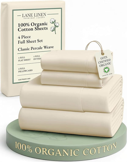 LANE LINEN 100% Organic Cotton Full Sheets Set, 4-Piece Pure Organic Cotton Percale Sheets, Long Staple Cotton Sheet, Ultra Soft Bedding Sheet, Breathable,Fits Mattress Upto 15" Deep - Natural