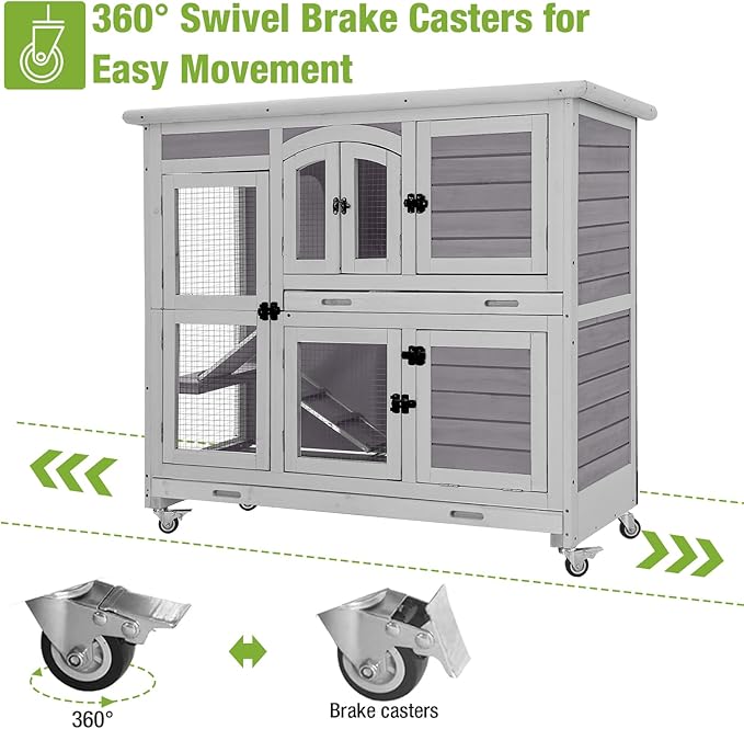 GUTINNEEN Large Rabbit Hutch Indoor with Chew-Proof Ramp, 47" Wooden Bunny Cage Guinea Pig Cages with Casters, Leak-Resistant Trays for Rabbits, Guinea Pigs, Small Animals-Mewly Pet