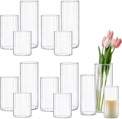 yshengood 12 Pcs Ribbed Hurricane Glass Candle Holders Glass Cylinder Candle Holder for Pillar Candle Floating Candle Holder