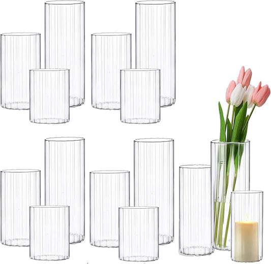 yshengood 12 Pcs Ribbed Hurricane Glass Candle Holders Glass Cylinder Candle Holder for Pillar Candle Floating Candle Holder