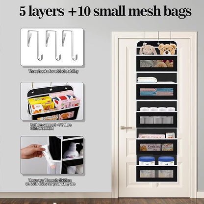 Over The Door Organizer, 5 Shelves Closet Door Hanging Organizer with 10 Mesh Pockets, Nursery Closet Organizer, Baby Essentials, Dorm Room Essentials for Girls