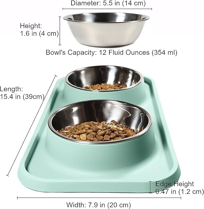 Cat Food Bowls, Cat Bowls Non-Skid and Non-Spill Silicone Pads with PP Stand, Removable Stainless Steel Food and Water Dishes for Cats, Small Size Dogs-Mewly Pet