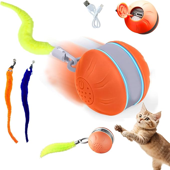 Interactive Cat Toys for Indoor Cats with 3 Mouse Tails,Electric Cat Ball Toy with Bird Chirping Sounds,Automatic Spinning Moving,300mAh Long Endurance Type-C Rechargeable,Pet Cat Supplies(Orange)-Mewly Pet