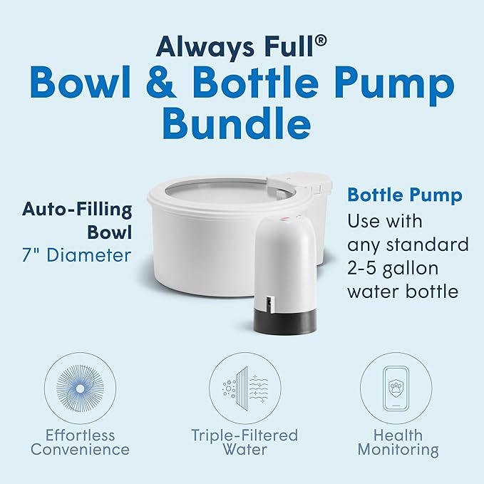 Always Full® 7" Pet Water Bowl and Bottle Pump Bundle, Self-Refilling, Clean Filtered Water, App-Enabled Hydration Monitoring, Easy Upgrade to Wall Unit, Cat and Dog Water Bowls-Mewly Pet
