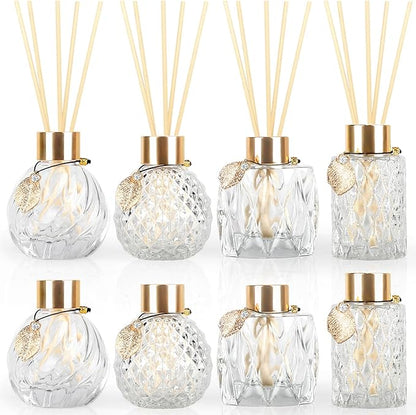 8Pcs Reed Diffuser Set with Metal Golden Decoration, 3.5oz-4.2oz Empty Bottles with 20Pcs Reed Sticks, Unique Design Bottles for Home and Office