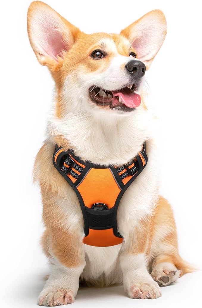 Eagloo Dog Harness Medium Sized Dog, No Pull Service Vest with Reflective Strips and Control Handle, Adjustable and Comfortable for Walking, No Choke Pet Harness with 2 Metal Rings, Orange, M-Mewly Pet