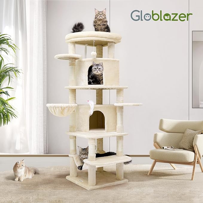 Globlazer Corner Cat Tree for Large Cats, 66inch Tall Curved Series Large Cat Tower for Multiple Indoor Cats with 6 Scratching Posts, 2 Spacious Cat Condos, Hammock, Hanging Basket, C66, Beige-Mewly Pet
