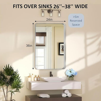 24×36 Silver Bathroom Vanity Mirror for Over Sink - Decorative Bathroom Mirrors with & Tempered Glass for Bedroom, Hallway, Living Room, Horizontal/Vertical Wall Mounted, Rounded Rectangle Frame