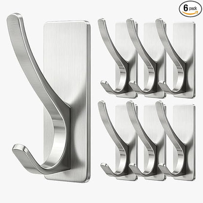 pickpiff Self Adhesive Coat Hooks for Hanging: Heavy Duty Stainless Wall Hook for Towel, Backpack, Hat, Sturdy Metal Hanger for Bathroom, Bedroom, Door, Brushed Nickel, 6-Pack