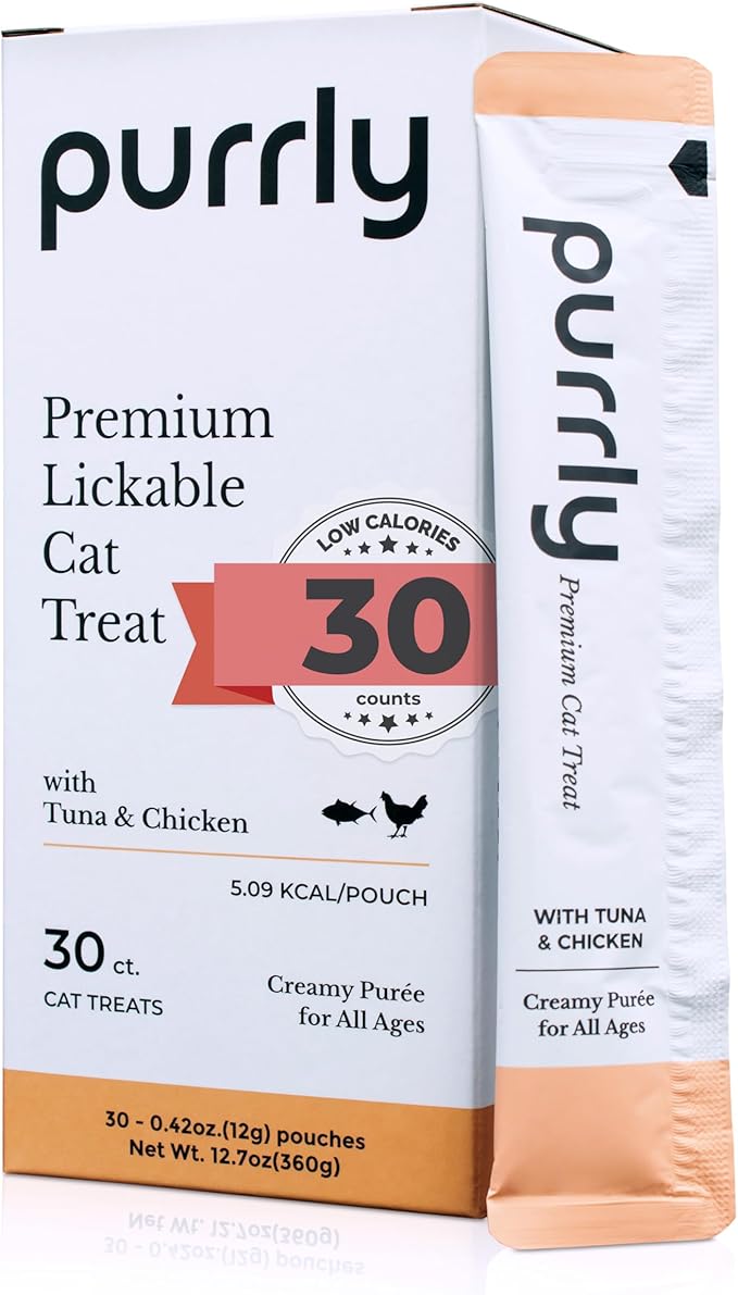 Purrly Cat Treat Topper Lickable Wet Squeezable Healthy Human-Grade Tuna & Chicken Breast with Prebiotic and Dietary Fiber for Indoor Cats (30 Count) Grain-Free Non-GMO No-Preservatives-Mewly Pet
