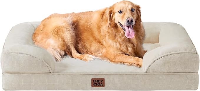 EHEYCIGA Orthopedic Dog Beds for Extra Large Dogs, Waterproof Memory Foam XL Pet Bed with Sides, Non-Slip Bottom and Egg-Crate Foam Big Dog Couch Bed with Washable Removable Cover, Beige-Mewly Pet
