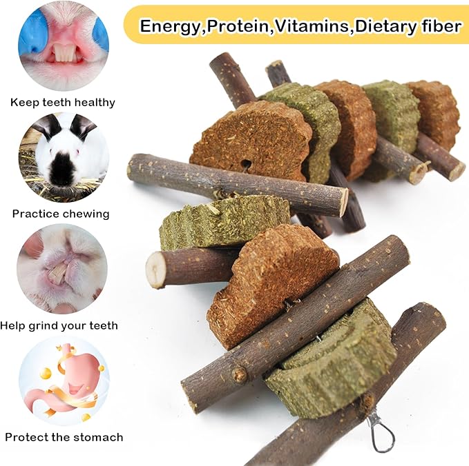 Rabbit Chew Toy,Bunny Chew Toys for Teeth Grinding,Natural Apple Branch Teething Sticks with Hay Grass Cake Improve Dental Health Bunny Hanging Chew Toys for Rabbits,Chinchillas,Hamster (4 Pcs)-Mewly Pet