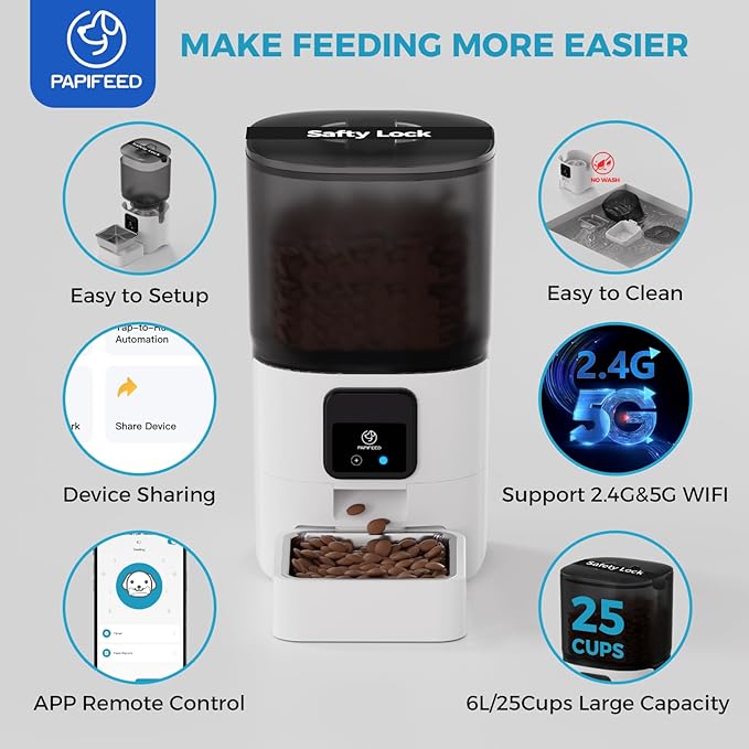 PAPIFEED 5G WiFi Automatic Cat Feeders: Smart Automatic Cat Food Dispenser with Slow Feeding Mode, Detachable for Easy Cleaning, Pet Feeder with Alexa, 1-30 Meals Per Day for Multiple Pets (6L/25 Cup)-Mewly Pet