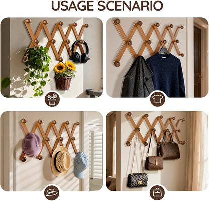WGFKVAS Hat Rack for Wall with 14 Hooks, Solid Wooden, Expandable Coat Rack Wall Mount for Coats, Hats, Bags, Baseball Caps, Brown