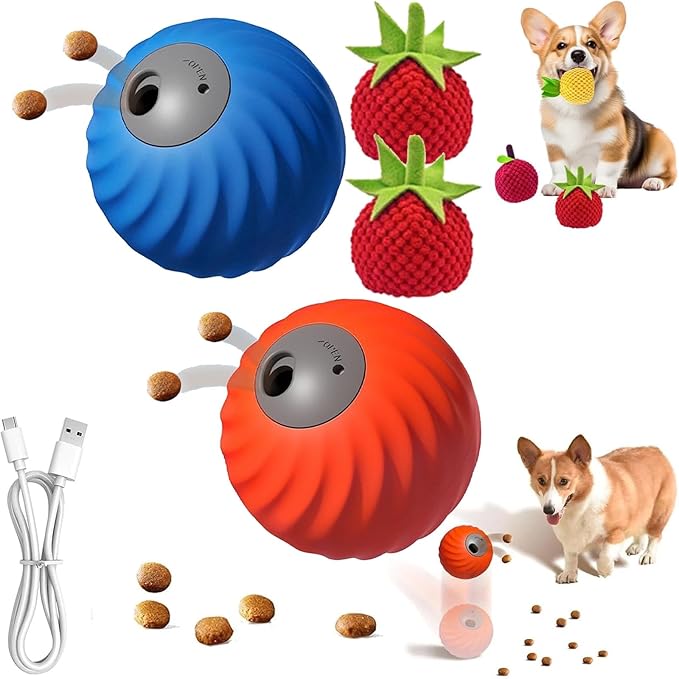Zoomie Buddy 2.0, Zoomie Buddy for Dogs, 2 in 1 Smart Touch Interactive Dog Balls ＆ Pet Feeder, 2.83" Diameter, Suitable for Small/Medium Dogs, with Fruit Plush Cover (Blue+Orange, Tomato)-Mewly Pet