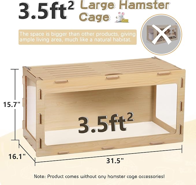 COZIWOW Wooden Hamster Cage Chewproof, Bigger World - 32" Large Hamster Cages and Habitats, Openable Top & 3 Side Acrylic Sheets, Small Animal Cage Pet House for Syrian Dwarf Guinea Pig Chinchilla-Mewly Pet