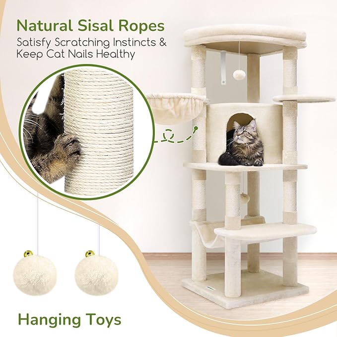 Globlazer Corner Cat Tree, 51in Curved Series Modern Cat Tower for Indoor Cats with Hammock, 7 Sisal Scratching Posts, Large Fan-Shaped Platform for Large Cats, Cat Condo & Hanging Basket, C51, Beige-Mewly Pet