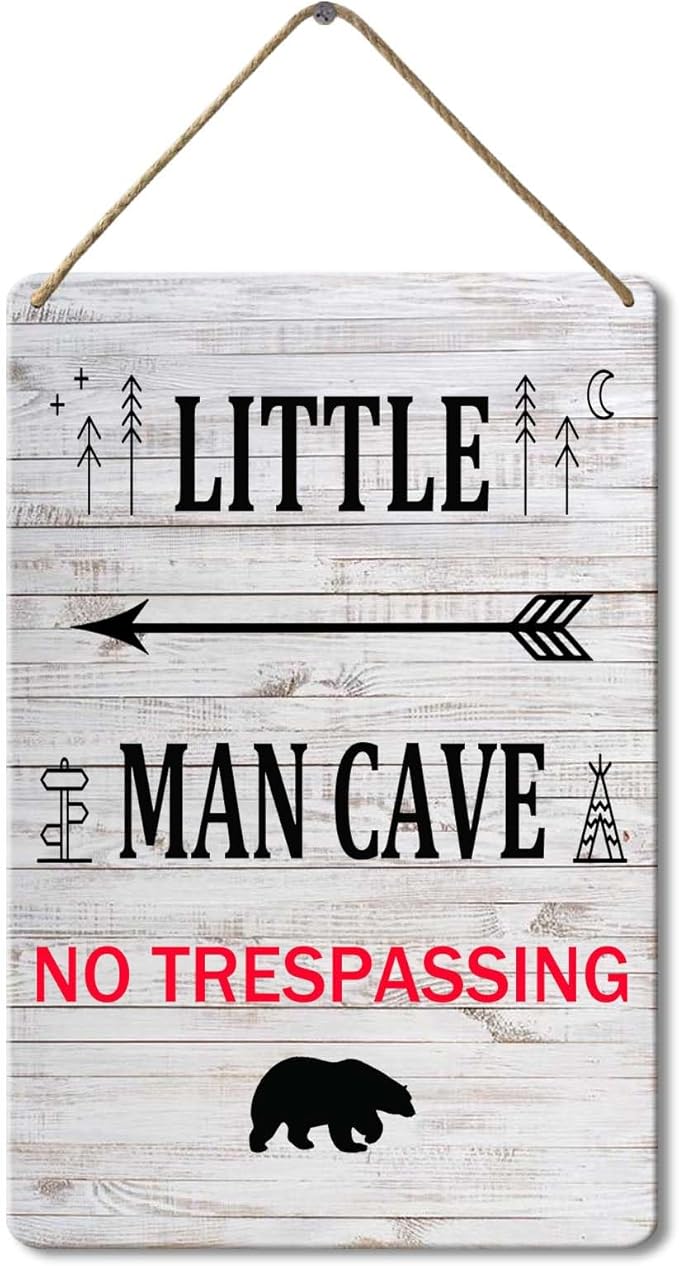Little Man Cave Wooden Hanging Wall Sign, 8x12 Inch, Farmhouse Wall Decor for Baby Home Bedroom Living Room