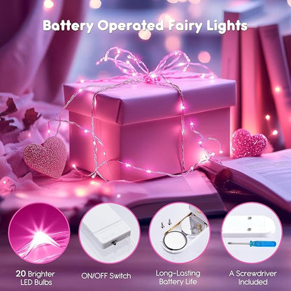 Minetom 6 Pack Fairy Lights Battery Operated String Lights - 7ft 20 LED Waterproof Silver Wire Firefly Lights for Valentine’s Day Decor DIY Crafts Wedding Table Centerpieces, Pink