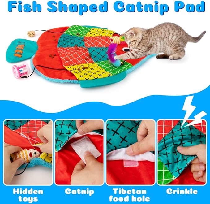AWOOF Cat Mat, Cute Soft Catnip Mat, Cat Activity Mat Machine Washable Catnip Toys Interactive Cat Toys for Indoor Cats (Fish Shape)-Mewly Pet