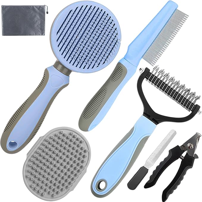 Dog Brush for Shedding,7 PCS Pet Grooming Brush Kit to De-fur & Hair Slicker Deshedding Brushes with Undercoat Rake Comb Bath Brush&Nail Clipper for Grooming Short Long Haired Dogs Cats Blue-Mewly Pet
