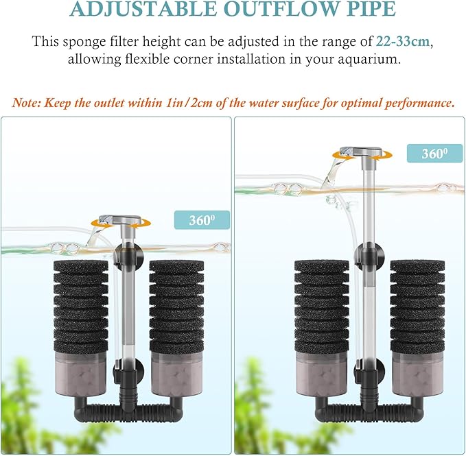 Air Powered Aquarium Sponge Filter with Biochemical Sponge and Ceramic Balls, Quiet Submersible Fish Tank Filter for 15-40Gallon （L-8.7in）-Mewly Pet