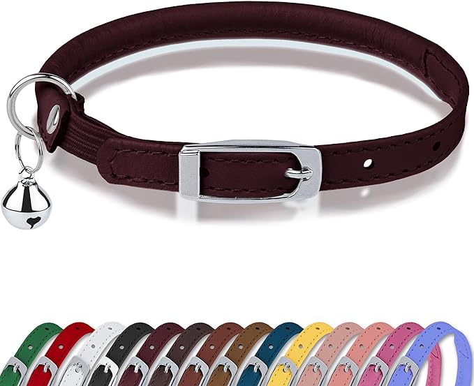 OOPSDOGGY Rolled Leather Cat Collar with Bell, Reflective Kitten Collars with Buckle Include Safety Elastic Strap - Adjustable Small Pet Collars for Boy Girl Cats (Burgundy)-Mewly Pet