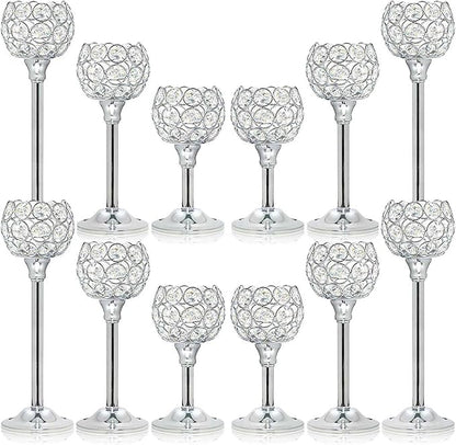 Bulk Crystal Candle Holder Set, 3 Sizes Tealight Candlestick Holders, Elegant Candelabra for Wedding Table Centerpiece, Fireplace, Home & Living Room Decor – Kehail (Set of 12, Silver)