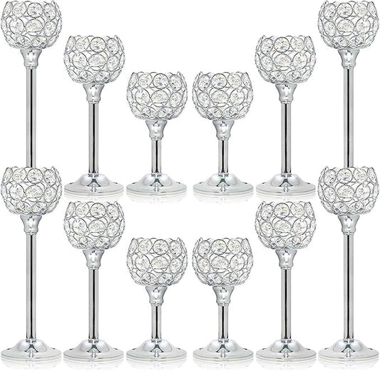 Bulk Crystal Candle Holder Set, 3 Sizes Tealight Candlestick Holders, Elegant Candelabra for Wedding Table Centerpiece, Fireplace, Home & Living Room Decor – Kehail (Set of 12, Silver)