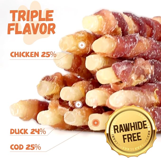 Triple Flavor Dog Treats, Chicken Duck Wrapped Cod Sticks, Rawhide-Free Grain-Free Soft Chewy Treats Natural Ingredients, Training Snacks for Small Medium Large Dogs, 15-17 Counts, 10.6 oz-Mewly Pet