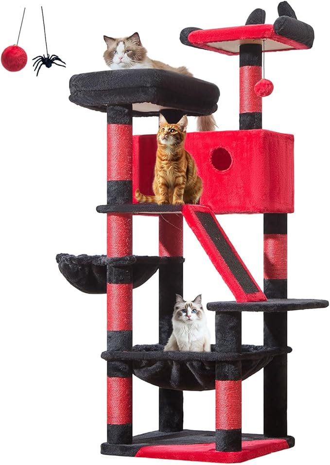 Taoqimiao Gothic Cat Tree 57.5-Inch, Cat Tower for Indoor Cats Large Adult, Extra Large Cat Condo, 8 Sisal Scratching Posts, Metal Frame Cozy Hammock, Durable Scratch Board, 2 Top Perches, MS026BR-Mewly Pet