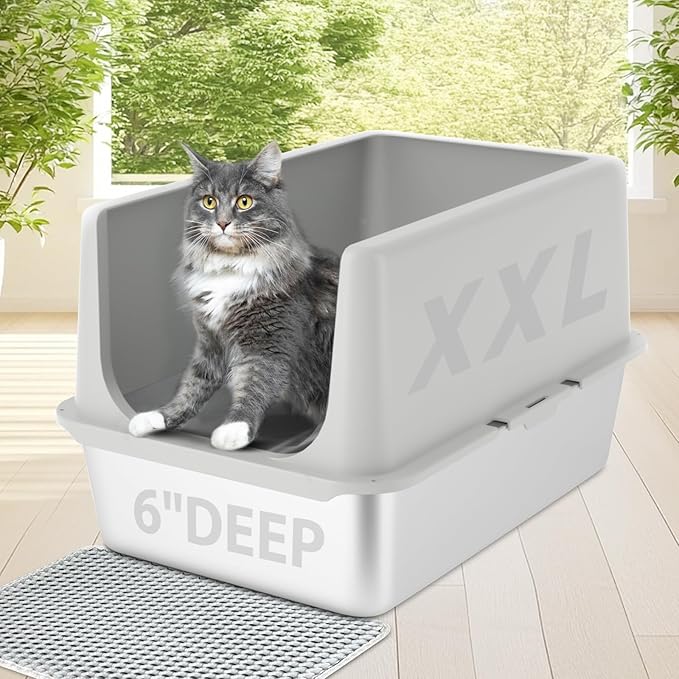 LIHONG Stainless Steel Cat Litter Box, XL Metal with Lid, Cat Litter Pan for Large Cats, Non-Sticky Large Kitty Litter Box, Anti-Leakage, 23.5" X 15.5" X 14" XXL-Mewly Pet