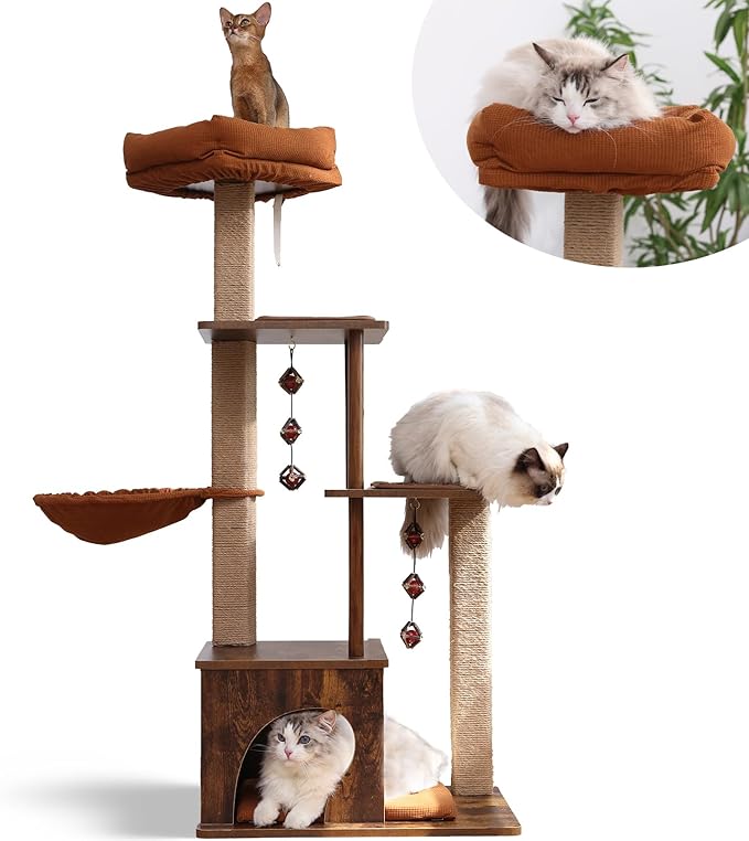 FUKUMARU Cat Tree, 4 in 1 Large Modern Cats Tower with Jute Scratching Post and Hammock, Wood Cat Condo with silvervine Balls, Brown Cat Climber Stand Playhouse for Indoor Cats, Retro Style-Mewly Pet