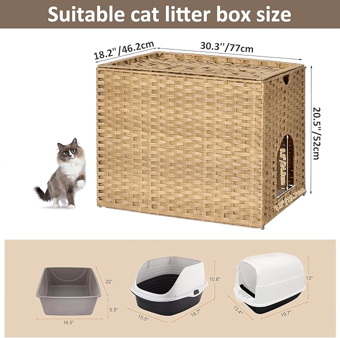 Cat Litter Box Enclosure with Litter Trapping Mat; Handwoven Plastic Rattan Cat House; No Installation Hidden Cat Washroom; Pet Crate for Balcony,Bedroom,Living Room-Mewly Pet