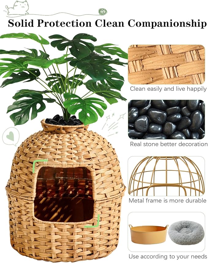 Cat Litter Box Plant Furniture Enclosure, Hidden Handwoven Rattan with Cat Litter Box and Artificial Plants, Odor Control Filter, Real Stones in Living Room, Bedroom, Corner Natural-Mewly Pet