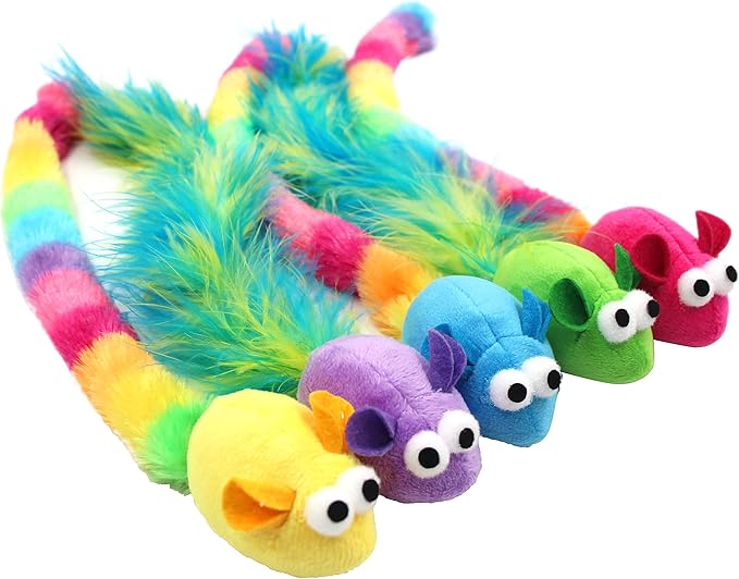 5 Pack Interactive Catnip and Feather Cat Toys, Multi-Colored Mice with Long Feather Tail, Accessories for Indoor Cat, Catnip Plush Toys with Natural Feathers and Rattles-Mewly Pet