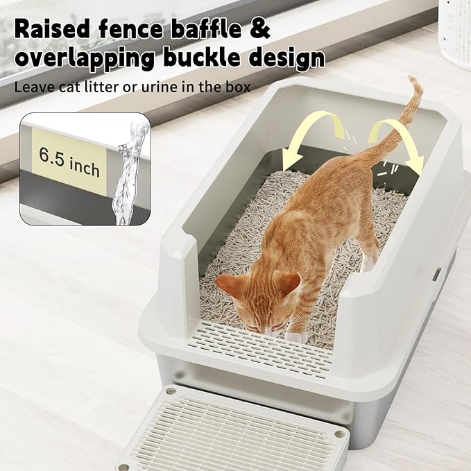 RIZZARI Stainless Steel Cat Litter Box, Semi-Closed Litter Box with High Edges, Large Odorless Litter Pan with for Small to Large Cats (Beige, 1 Pack)-Mewly Pet