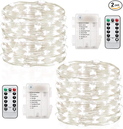 GDEALER 2 Pack Fairy Lights Christmas Decor 20 Ft 60 Led Battery Operated Christmas Lights with Remote Waterproof Twinkle Lights 8 Modes Fairy String Lights for Party Bedroom Wedding Decorations-White