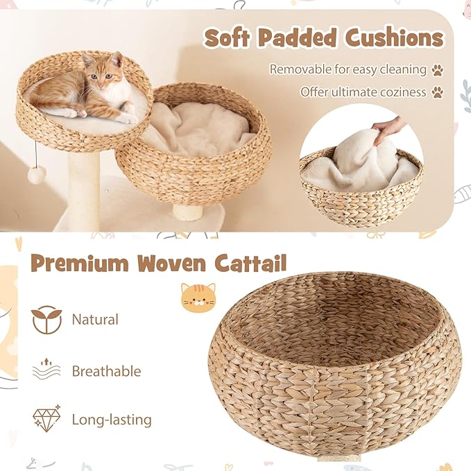 Tangkula Modern Cat Tree, Tall Cat Tower with Natural Sisal Scratching Post, Hand-Made Wicker Cat Condo & Top Perch, Funny Hanging Toy Ball, Cute Cat Tree Tower for Indoor Cats-Mewly Pet