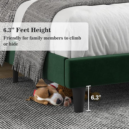 Allewie King Bed Frame/Velvet Upholstered Bed Frame with Vertical Channel Tufted Headboard/Strong Wooden Slats/Platform Bed Frame/Mattress Foundation/Box Spring Optional/Easy Assembly/Green