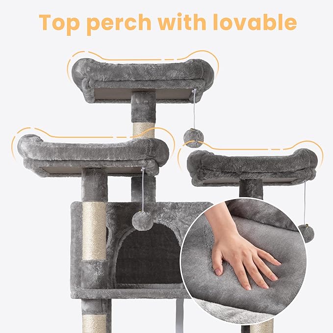 SHA CERLIN 68 Inches Multi-Level Large Cat Tree for Large Kitties/Big Cat Tower with Condo/Cozy Plush ‌Pussycat Perches/Sisal Scratching Posts and Hammocks/Activity Center/Grey-Mewly Pet