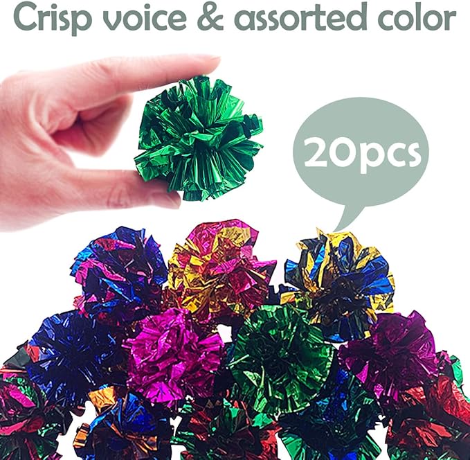 PET SHOW 20 Pcs Cat Crinkle Toy Ball 2.5inch Mylar Cat Pounce Chase Toys Colorful Paper Ball Chase Training Activity for Cats Kittens-Mewly Pet