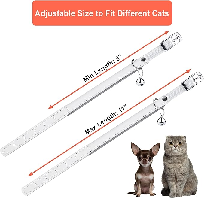 OOPSDOGGY Rolled Leather Cat Collar with Bell, Reflective Kitten Collars with Buckle Include Safety Elastic Strap - Adjustable Small Pet Collars for Boy Girl Cats (White)-Mewly Pet